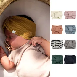 Baby pannband flickor bowknot grop randig hårband barn bomulls fast vid kanthuvud wraps elastiska huvudbonad barn hår tillbehör boutique turban pannband b8153