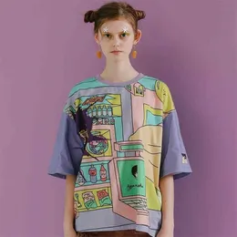 HarajukuオリジナルグラフィティレディースルーズティーシャツトップoネックショートスリーブレディースTシャツミックスカラー夏の新しいTシュリット210322