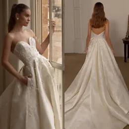 Lihi Crystal Satin Wedding Dress With Lace Appliques And Pockets