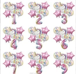 Rainbow Unicorn Balloon 32 tums nummerfolie Ballonger 1: e barn Unicorn Tema Födelsedagsfest dekorationer Baby Shower Globos GC855