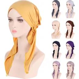 Stretch Muslim Inner Hijab Turban Women Pre-Tied Cap Long Tail Headscarf Wrap Beanies Bonnet Bandana Headwear Hat Cover Solid