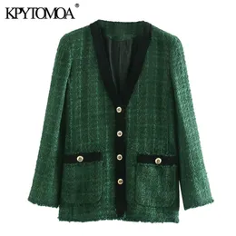 KPYTOMOA Women 2020 Fashion Patchwork Frayed Tweed Jackrock Vintage V Neck Long Sleeve Pockets Female Outerwear Chic Topps LJ200813