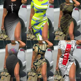 2022 Summer Women Casual Dresses Sexy Camouflage Printed Short Sleeve Drawstring High Slit Dress