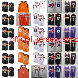 Top Mężczyźni Koszykówka Jersey Retro City Version Chris Paul 3 Devin Booker 1 Ayton 22 Crowder 99 Johnson 23 Payne 15 Czarna Biała Purpurowa Orange