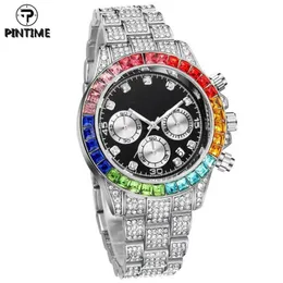 Pintime Relogio de Quartzo Homem Luxo Diamante Hip Hop Sliver Colorido Moldura Iced fora Relogio de Pulso Masculino Zegarek Meski Montre