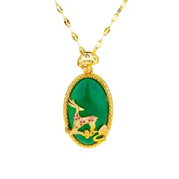 Pendant Necklaces Luxury 24k Gold Green Stone Micro Inlaid Elk Necklace For Women Female Jewelry Chokers Fashion Statement GiftPendant