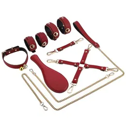 Nxy Sm Bondage 6pcs Sm Sex Suit Bdsm Set Handcuffs Shackles Collars Traction Ropes Leather Pat Breast Nipple Clips Feathers for Couples 220423