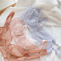 낭만적 인 절묘한 자수 속옷 여성의 울트라 얇은 Bralette Petal Cup 소프트 스틸 반지 상위 지지대 수집 브라 세트 220513