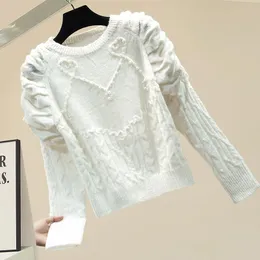 Women Fashion Solid Casual Beading Knitted Sweater Female Puff Sleeve Pullover Ladies Elegant Loose Sweaters