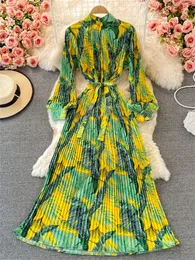 Dorywczo Dresses 2022 Kobiety Elegancki Czeski Kwiatowy Druku Plisowane Maxi Dress Damska Moda Długi Rękaw Party Vestidos Rolka