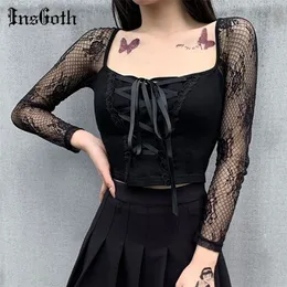 Insgoth Vintage Elegante Preto Lace Up Gótico Top Sexy Mesh ver através de mulheres de manga longa Outono outono oco out bodycon básico top 220408