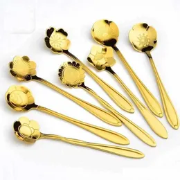 8 Pcs/Set Vintage Stainless Steel Spoon Flower Shaped Coffee Tea Stirling Spoon Ice Cream Cake Dessert Tableware