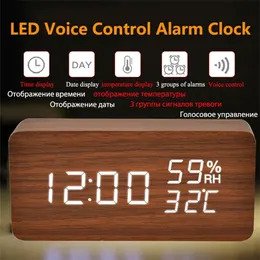 USB/AAA Powered LED Wooden Alarm Clock WatchTable Clocks Voice Control Digital Wood Despertador Electronic Desktop Table Decor 220426