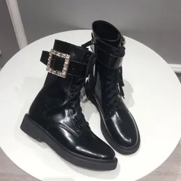 Women Leathers Ankle Boots Metal Square Buckle black Boots Womens Bootss Slip-On High Top Flat leisure Patent Leather Shoes Knight 35-40