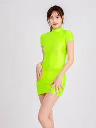 Casual Dresses Sexig Oil Glossy Sheer Micro Mini Dress Candy Color See Through Tight Pencil Cute Smooth Bandage Stage Wear F3Casual