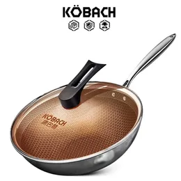 KOBACHキッチンWOK 32CM非粘着パンハニカム底部304ステンレス鋼中国のwok nonstickフライパン蓋220423