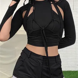 Yiallen Fashion High Street Casual Cotton TShirt Women Spring Autumn Black Slim Streetwear Bow Bandage T Shirt Ladies Top 220525