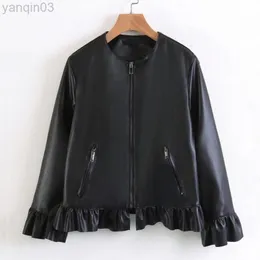 2022 Spring Autumn Autumn New Black Leather Clothing Women Coat Ruffle Lamination Ornament PU Coather Jacket Fashion Casual Casual L220801