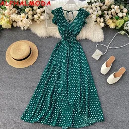 Alphalmoda Summer Nowa damska sukienka plażowa vneck bez pleców przednich przednie szczeliną Nieregularna długa sukienka Midcalf Flounce szyfonowa sukienka T200604