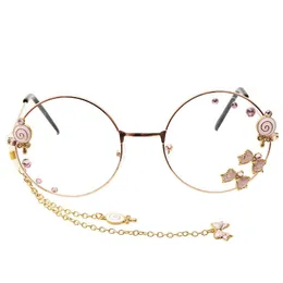 ファッションサングラスフレームかわいい弓のロリポップペンダントクリア光学メガネフレーム女性ラウンドガールレトロなゴシックハンドメイド眼鏡ガラス