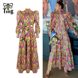 Tingfly Vintage Designer Runway Puff Sleeve Spring Autumn Midi Long Dresses Women Party Night Dresses Floral Sexi Rethetic Robe 220510