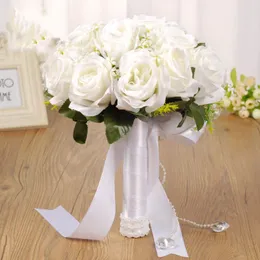 Buquê de dama de noiva Flores de seda brancas Roses Artificial Bride Boutonniere Pins Mariage Bouquet Acessórios de casamento CL0506