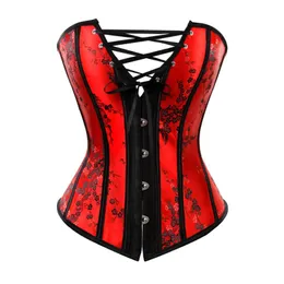 Bustiers Corsetsレッドフローラル刺繍オーバーバストコルセットトップウエストシンチェルセクシーなランジェリープラスサイズS-6XLBustiers