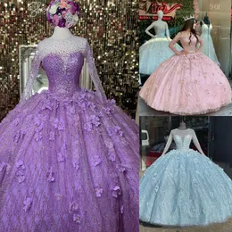 Blingbling quinceanera klänning 2023 med ärmar gnistrande sequin crystal blommig söt 16 klänning vestidos de 15 anos charro mexikansk ljusblå lavendel rosa quince drottning