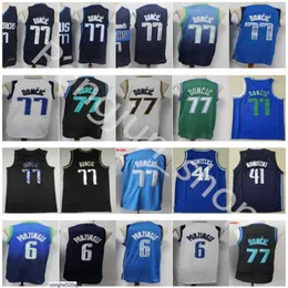 남자 농구 Dirk Nowitzki Jersey 41 Kristaps Porzingis 6 Luka Doncic 77 모든 스티치 된 네이비 블루 화이트 블랙 그린 그린 완성 된 에디션 Who Jerseys