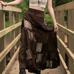 Ropter y2k Cute Party Long Skirts Printed Boho Grunge Fairyore Retro Skirts Kawaii Holiday Brown Pleated Skirt Elegant 220617