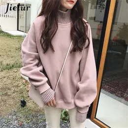 jielur Korean Style Hoodies 여성 겨울 거짓 두 조각 Turtleneck 여성 스웨트 셔츠 느슨한 두꺼운 양털 풀오버 MXL 크기 220815