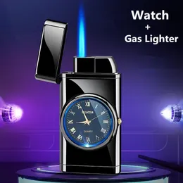 Fashion Watch Lighter Straight Jet Blue Flame Gas Lättar uppblåsbara butan Cigarett Vindtäta Tändare för Män Festival Gift Kan Anpassad Logo På Torch