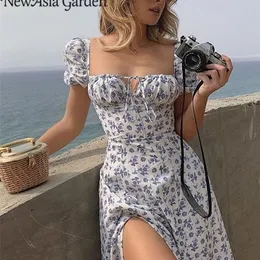 Asia Floral Print Dress Sweet Square Szyjka Puff Sutyka rozlana sznurka maxi sukienki dla kobiet imprezowe szykowne stroje 220705