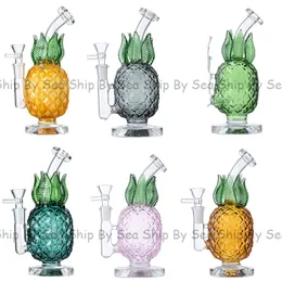 Ship By Sea Wholesale Pineapple Bong Hookahs Unique Big Glass Bongs Yellow Green Colors Recycler Dab Rig Bubbler Perc Thick Oil Rigs With Bowl WP2194