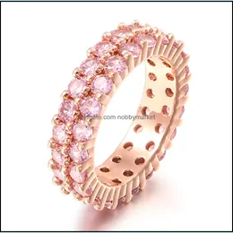 Cluster Rings Jewelry Iced 2 Row 360 Eternity Stone Micro Pave Cubic Zirconia Rose Gold Plated Simated Diamonds Hip Hop Ring For Men Women D