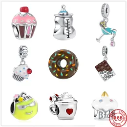 925 Sterling Silber baumeln Charme Kaffee Kuchen Donut Nachmittagstee Perlen Perle passen Pandora Charms Armband DIY Schmuck Zubehör