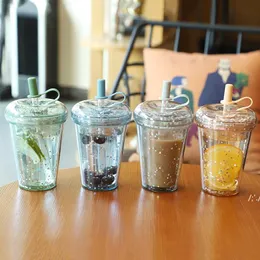 520ml Tumbler with Straws Double Layer Leakproof Milk Coffee Glitter Water Bottles by sea JJLE13563