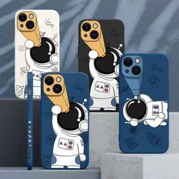 Cute Astronaut Hand Lanyard Cell Phone Custodie per iPhone 13 12 11 Pro Max XS Max XR x 8 7 Plus Liquid Silicon Soft Bumper Cover posteriore