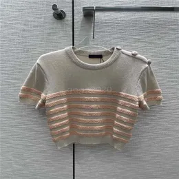 2022 women summer wool knit tee designer tops with striped pattern milan runway designer crop top t-shirt clothing high end elasticity metal buttons pullover sweater