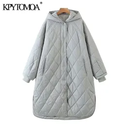 Kpytomoa kadın moda kalın sıcak büyük boy parkas kapüşonlu yastıklı palto vintage uzun kollu cepler dişi dış giyim şık palto 201201