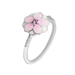 Anillos de clúster Magnolia Bloom para mujeres 925 Joyas de plata esterlina Color rosa Niñas de flores de esmalte Joyería de primavera