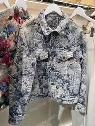 22SS 디자이너 데님 재킷 남성 여성 파괴 넥타이 염료 자카드 꽃 라펠 넥 스트리트웨어 블루 M-XL
