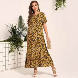 Casual Dresses MAI&FUN Women Loose Dress Leaf Print Pocket Detail O Neck Short Sleeve Maxi