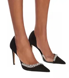 Luxurys Designers Pumps sandals high heels 8.5cm Asymmetric Grosgrain Mesh Fascinator diamond Black Fuchsia black white stiletto heel Transparent