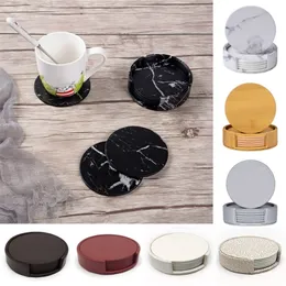 6st Pu Leather Marble Coaster Drink Coffee Cup Mat Easy to Clean Placemats Round Tea Pad Table Holder Onderzetters 220627