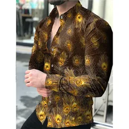 Men's Casual Shirts Fashion Men Turn-down Collar Shirt Peacock Feather Print Long Sleeve Tops Quality Men's Clothes Prom CardiganMen's