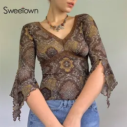 Sweetown Summer Fashion Vintage Lace Mesh Tops Floral Print T-Shirts Woman Half Flare Sleeve V Neck Elegant Brown Tee Shirts 220408