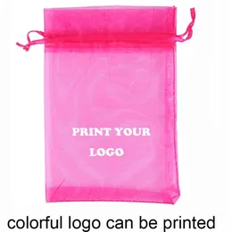 100pcs customized printing bags Drawstring Organza small Pouches Jewelry Package Makeup Wedding Packaging Mesh Gift Bag 220704