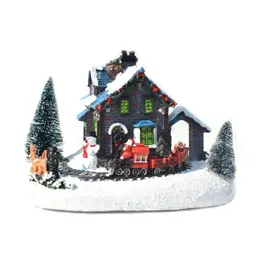 インテリアデコレーションクリスマスビレッジの置物が鉛照明小さな列車の家の明るい風景樹脂デスクトップ装飾のインテリア