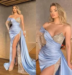 2022 seksowne jasnoniebieskie seksowne sukienki na bal matrowe jedno ramię srebrne cekinowe kryształowe koronkowe boczne suknie wieczorowe wysokie dzielone suknie wieczorowe plus size formalny sukienka imprezowa B0618x02